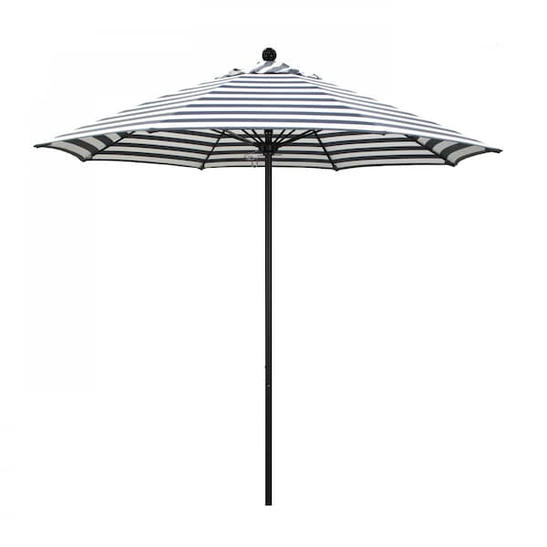 California Umbrella 9' Black Aluminum Market Umbrella, Olefin Navy White Cabana Stripe 194061335734